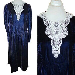 Vintage 80s Womens XL Navy Blue Long Formal Dress Doilie Lace Bib Collar Velvet‎